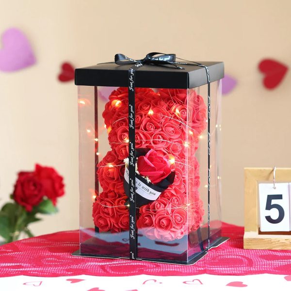 25cm Teddy Rose Bear with Lighted Box Artificial Flower Gift for Valentine's Day and Special Occasions