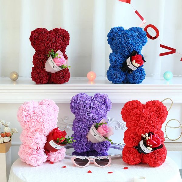 25cm Teddy Rose Bear with Lighted Box Artificial Flower Gift for Valentine's Day and Special Occasions