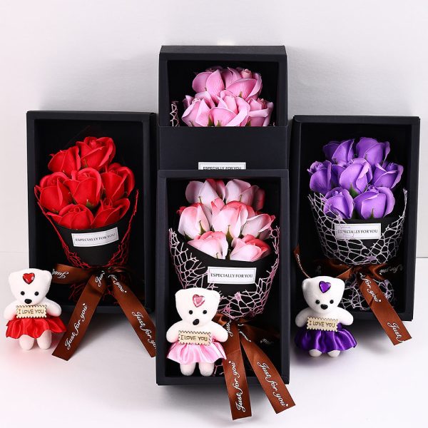 7-Head Rose Bouquet with Little Bear Gift Box Handmade Artificial Flowers for Valentine's Day and Special Occasions