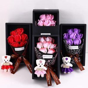 7-Head Rose Bouquet with Little Bear Gift Box Handmade Artificial Flowers for Valentine's Day and Special Occasions