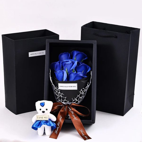 7-Head Rose Bouquet with Little Bear Gift Box Handmade Artificial Flowers for Valentine's Day and Special Occasions