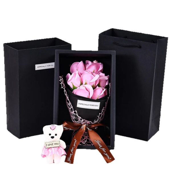 7-Head Rose Bouquet with Little Bear Gift Box Handmade Artificial Flowers for Valentine's Day and Special Occasions