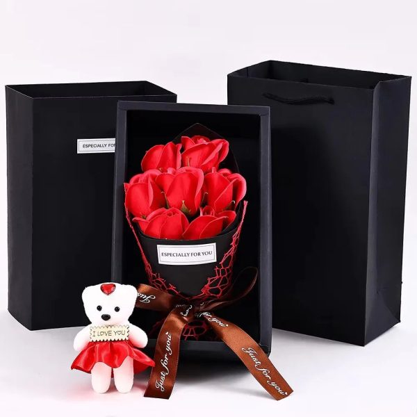 7-Head Rose Bouquet with Little Bear Gift Box Handmade Artificial Flowers for Valentine's Day and Special Occasions