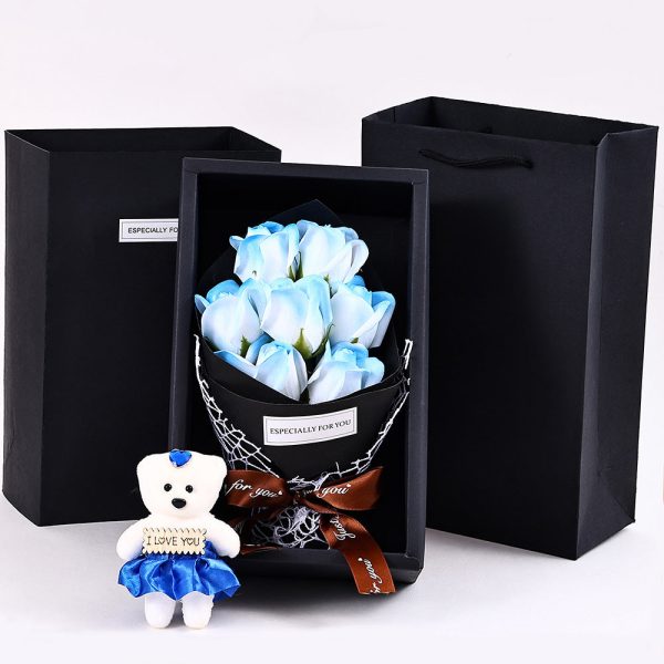 7-Head Rose Bouquet with Little Bear Gift Box Handmade Artificial Flowers for Valentine's Day and Special Occasions