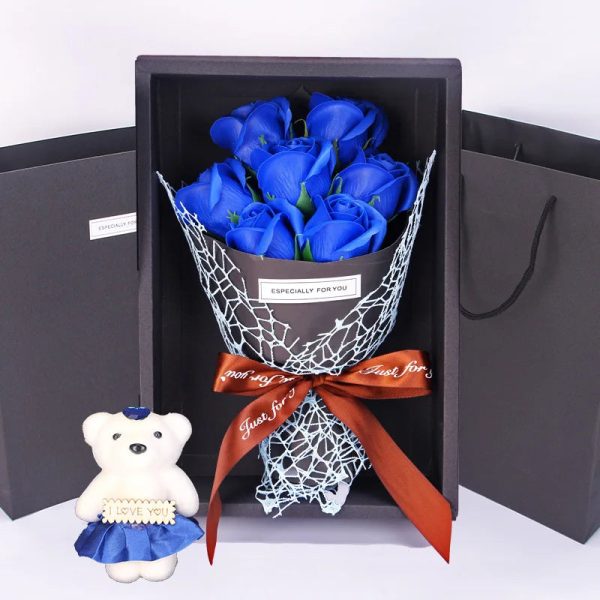 7-Rose Soap Bouquet with Little Bear Gift Box – Creative Gift for Valentine's Day, Mother's Day, Birthday