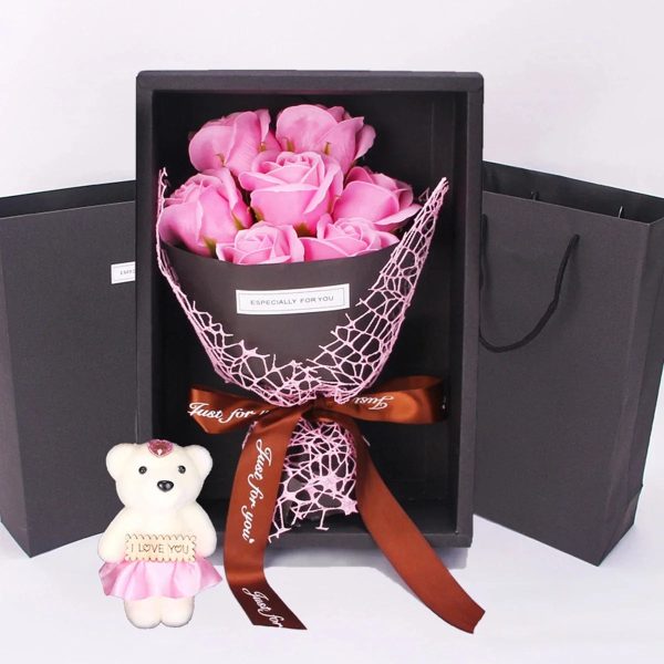 7-Rose Soap Bouquet with Little Bear Gift Box Handmade for Valentine's Day and Special Occasions