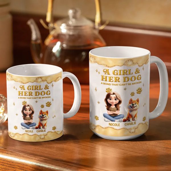 A Girl And Her Dog A Bond Can't Be Broken Gold Effect - Personalized White Edge-to-Edge Mug