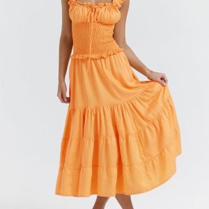 A-line Shirred Frill Trim Front Tie Midi Dress
