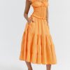 A-line Shirred Frill Trim Front Tie Midi Dress