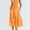 A-line Shirred Frill Trim Front Tie Midi Dress