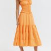 A-line Shirred Frill Trim Front Tie Midi Dress