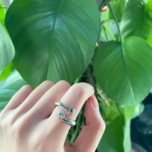 Adjustable Hug Hands Couple Ring in Silver Tone