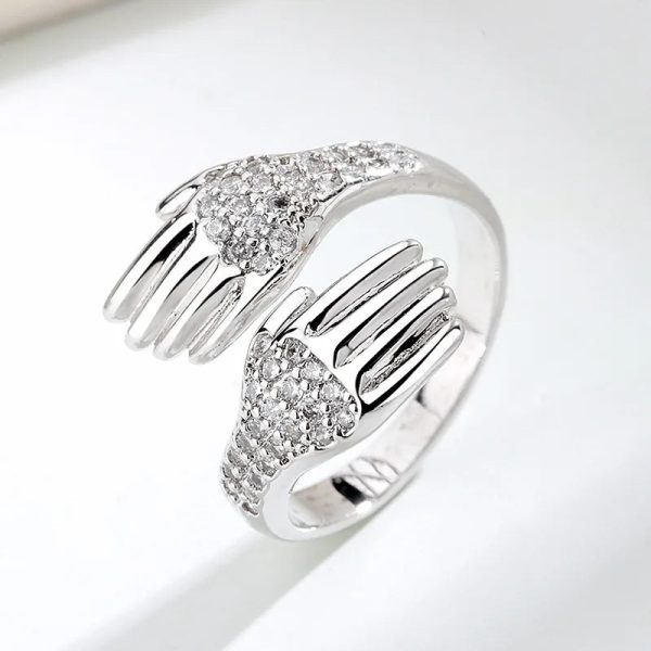 Adjustable Hug Hands Couple Ring in Silver Tone