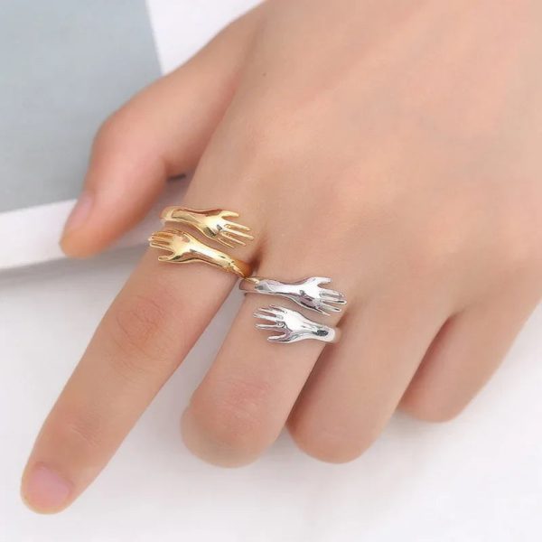 Adjustable Hug Hands Couple Ring in Silver Tone
