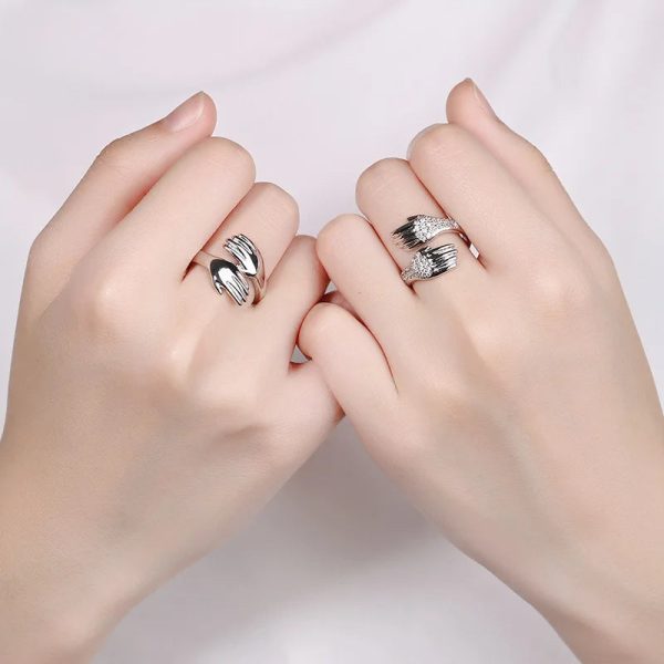 Adjustable Hug Hands Couple Ring in Silver Tone