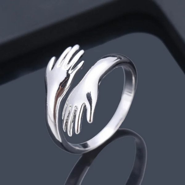 Adjustable Hug Hands Couple Ring in Silver Tone