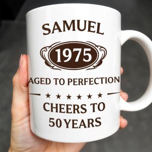 Aged To Perfection, Cheers To 50 Years, Stars and Text Banner - Personalized Custom Coffee Mug - FAM328_MG