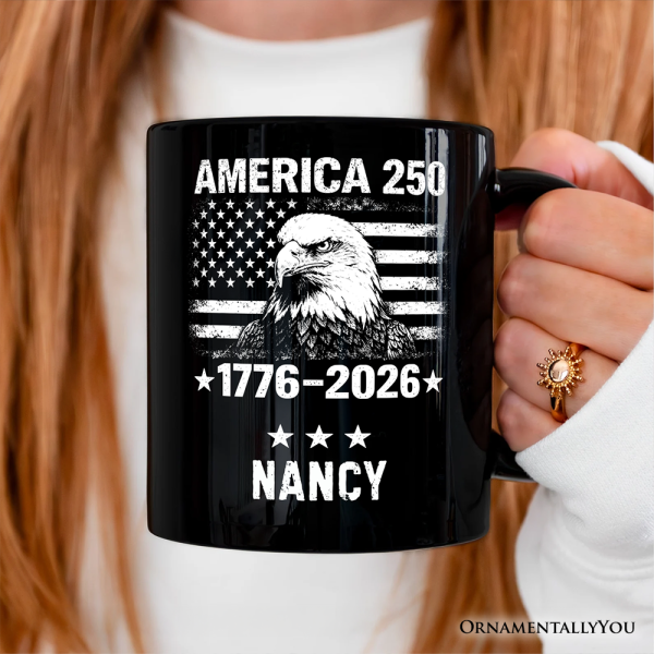 America 250 Freedom Flag Eagle Personalized Mug, 4th of July USA Patriotic Gift with Custom Name