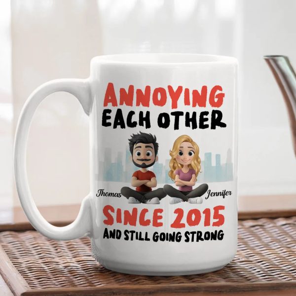 Annoying Each Other Personalized White Ceramic Mug Cute Couple Sitting Illustration Funny Daily Coffee Gift for Couples