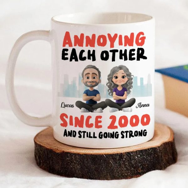 Annoying Each Other Personalized White Ceramic Mug Cute Couple Sitting Illustration Funny Daily Coffee Gift for Couples