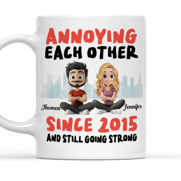 Annoying Each Other Personalized White Ceramic Mug Cute Couple Sitting Illustration Funny Daily Coffee Gift for Couples