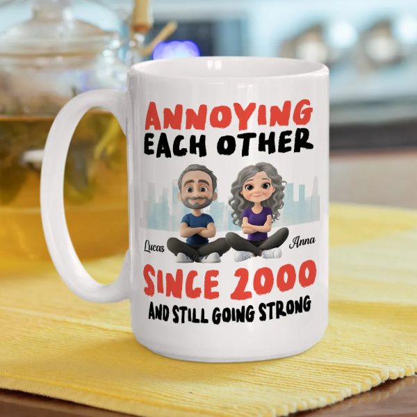 Annoying Each Other Personalized White Ceramic Mug Cute Couple Sitting Illustration Funny Daily Coffee Gift for Couples