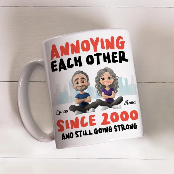 Annoying Each Other Personalized White Ceramic Mug Cute Couple Sitting Illustration Funny Daily Coffee Gift for Couples