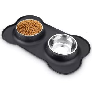 Antislip Double Dog Bowl with Silicone Mat Stainless Steel