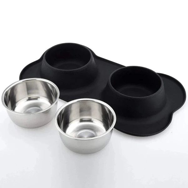Antislip Double Dog Bowl with Silicone Mat Stainless Steel