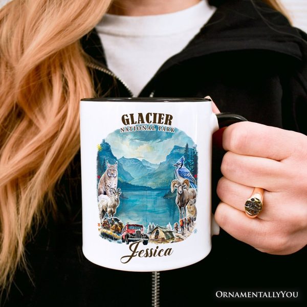 Artistic Glacier National Park Adventure Personalized Mug, Montana Travel Gift and Souvenir with Custom Name