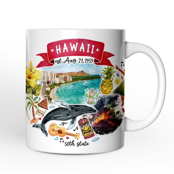 Artistic Hawaii State Themes and Landmarks Personalized Mug With Custom Name