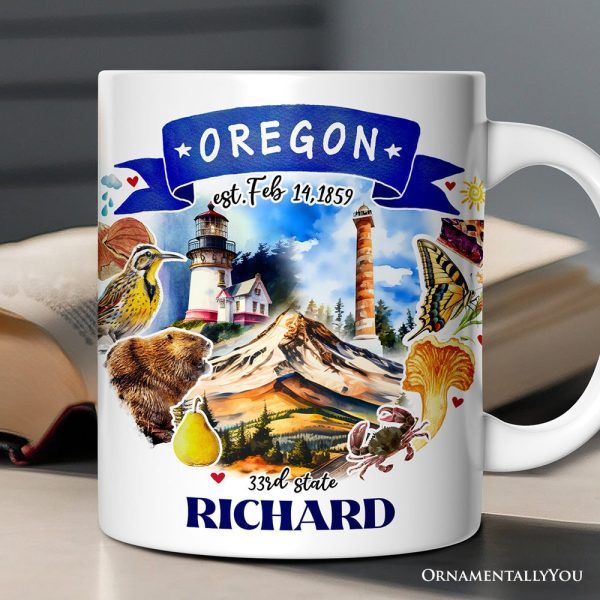 Artistic Oregon State Themes and Landmarks Personalized Mug With Custom Name