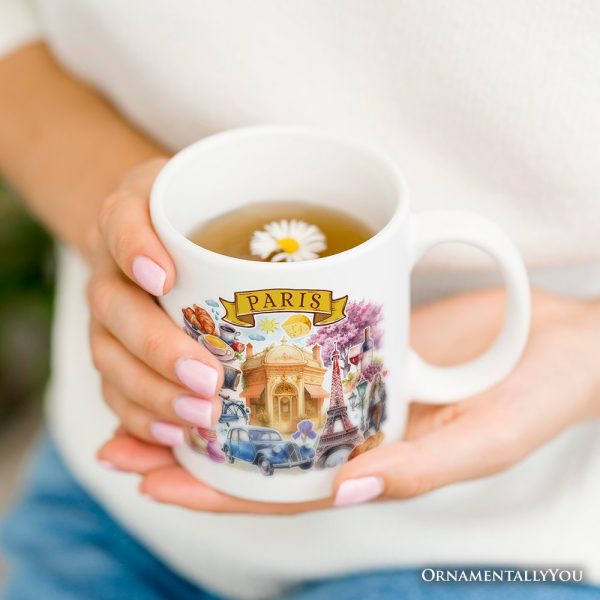 Artistic Paris Culture and Landmarks Personalized Mug, Classical France Gift and Souvenir with Custom Name