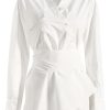 Asymmetric Button Up Long Sleeve Belted Shirt Mini Dress - White