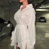 Asymmetric Button Up Long Sleeve Belted Shirt Mini Dress - White