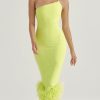 Asymmetric Neckline Feather Trim Midi Dress