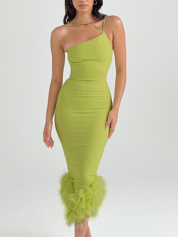 Asymmetric Neckline Feather Trim Midi Dress