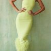 Asymmetric Neckline Feather Trim Midi Dress