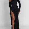Asymmetric One Shoulder High Slit Drape Maxi Dress