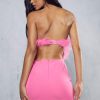 Asymmetrical Faux Feather Trim Cutout Back Strapless Party Mini Dress - Rose
