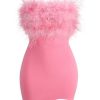 Asymmetrical Faux Feather Trim Cutout Back Strapless Party Mini Dress - Rose