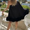 Asymmetrical One Shoulder Feather Trim A Line Party Mini Dress - Black