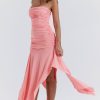 Asymmetrical Ruched Strapless Bodycon Drop Waist High Split Cocktail Dress - Pink