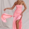 Asymmetrical Ruched Strapless Bodycon Drop Waist High Split Cocktail Dress - Pink