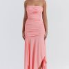 Asymmetrical Ruched Strapless Bodycon Drop Waist High Split Cocktail Dress - Pink