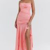 Asymmetrical Ruched Strapless Bodycon Drop Waist High Split Cocktail Dress - Pink