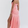 Asymmetrical Ruched Strapless Bodycon Drop Waist High Split Cocktail Dress - Pink