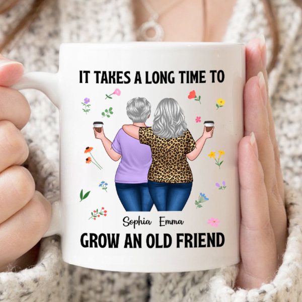 Back View Besties Walking It Takes A Long Time To Grow An Old Friend Floral Personalized Mug, Gift For Best Friends, BFF