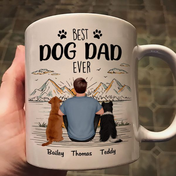 Back View Man Sitting With Dogs Best Dog Dad Ever Mountain Sketch Personalized Mug