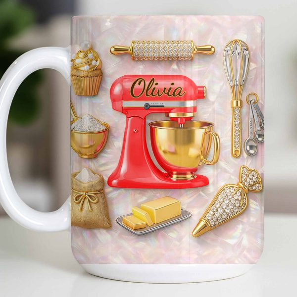 Baking With Love And Style Gold Mixer And Rolling Pin - Personalized Custom Coffee Mug - COOK037_MG